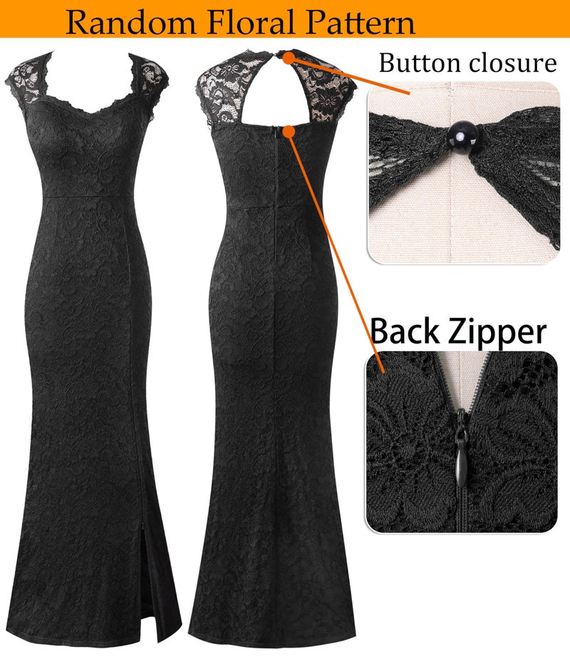 VFSHOW Womens Black Floral Lace Sweetheart Neckline Keyhole Back High Split Formal Evening Wedding Prom Party Maxi Long Dress 3780 BLK L - Image 3